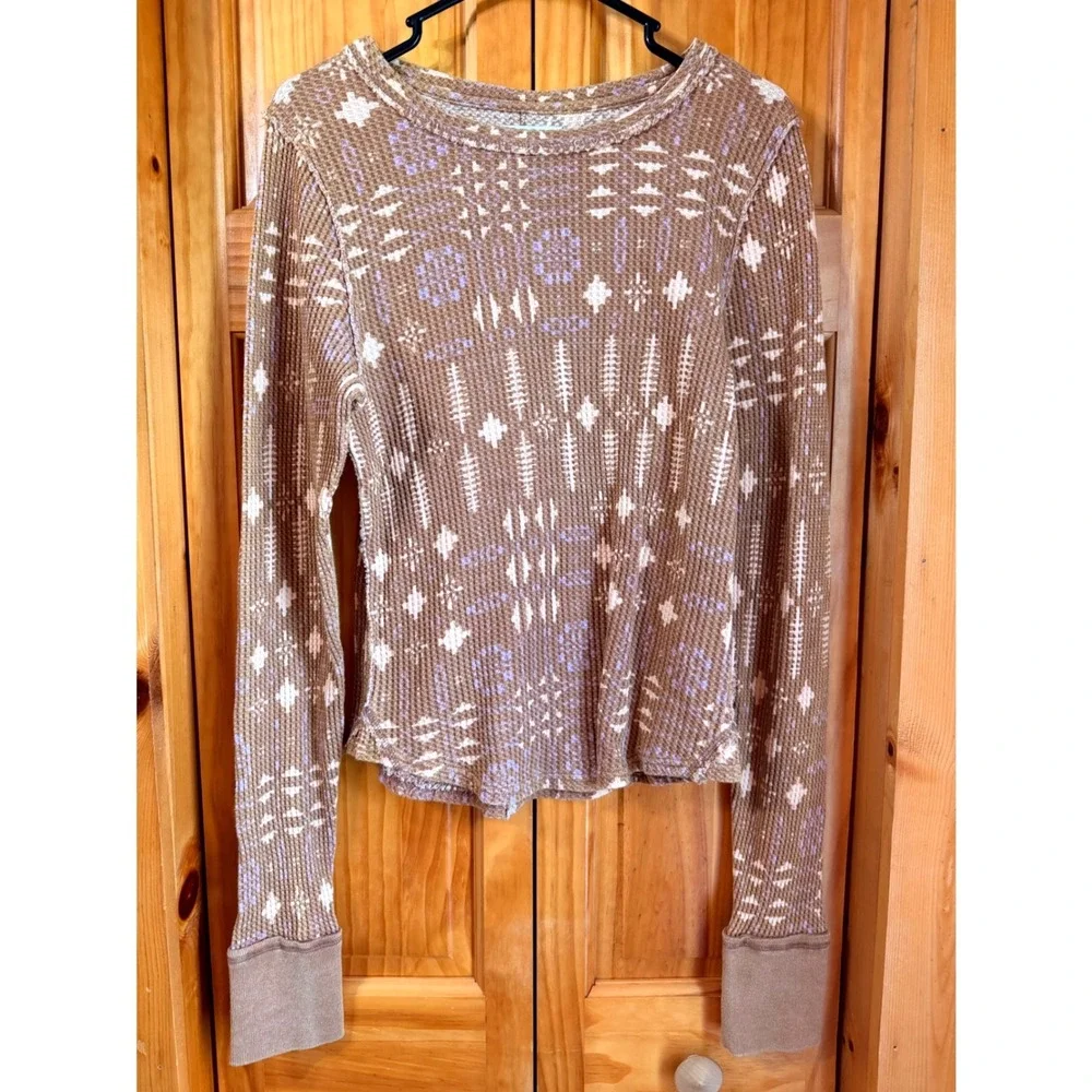 NWT Free People We The Free Pretty Little Thermal Top Latte Brown Print XL Boho